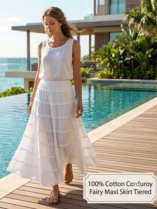 Metro Wear Dresses & Skirts - NWT Metro Girl Women 12 A-Line Maxi Skirt Corduroy Tiered 100% Cotton White Fair